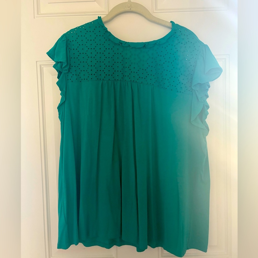 LOFT Teal Eyelet Ruffle Blouse